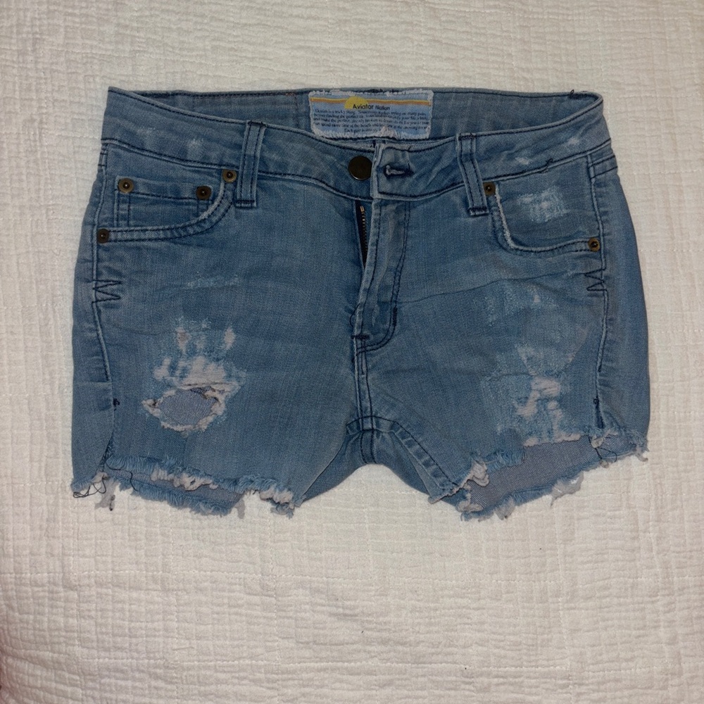 RARE Aviator Nation Distressed Cut off Blue Denim Shorts, Stretch Cotton Size 24